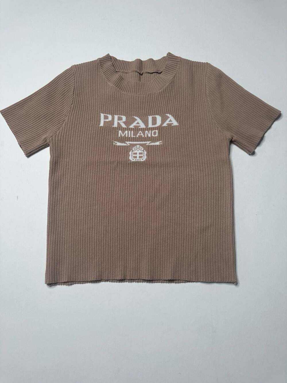 Prada Milano Ribbed Knit Logo T-Shirt Brown